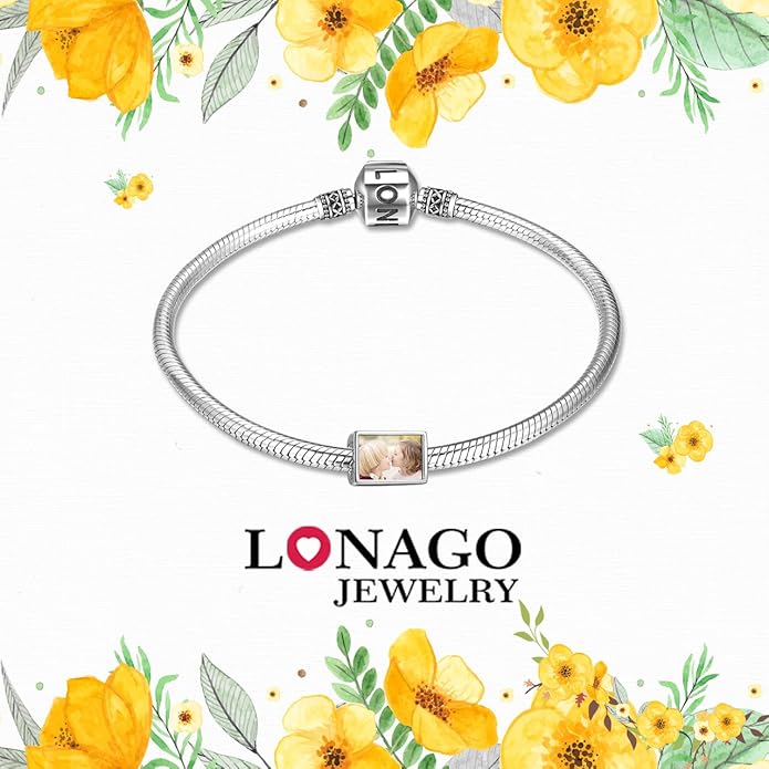 LONAGO 925 Sterling Silver Personalized Photo Charm Fit Compatible for Bracelet Necklace Customized Heart Round Shape Picture Bead