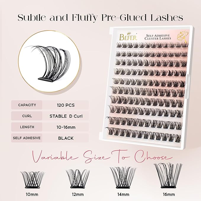 BEFER Self Adhesive Eyelashes Clusters, D Curl 10-16MM Pre Glued Lash Natural Look No Glue No Remover Needed Reusable Lashes Press on Eyelash Clusters Easy for Use DIY at Home(24-1,Air)