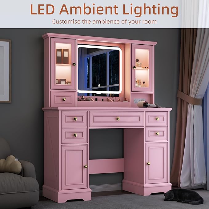 Vanity Desk with Mirror & Lights, Makeup Vanity with Power Outlet & USB Ports, Farmhouse Dressing Table, 6 Drawers & 4 Storage Cabinets, RGB Cabinet Lighting, 3-Color Dimmable Mirror