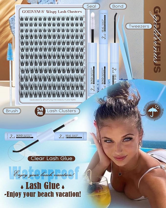 Goddvenus Wispy Lash Clusters Kit Natural Eyelashes Clusters D Curl Cluster Eyelash Extensions Lightweight Individual Lashes DIY Eyelash Extension Kit with Waterproof Lash Cluster Glue