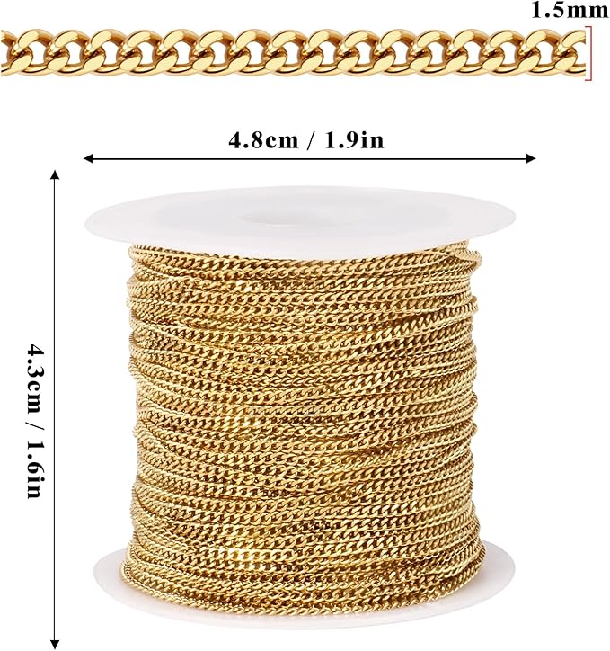 33FT Gold Stainless Steel Cuban Chain Roll 1.5MM 18K Gold PVD Plated Diamond-Cut Curb Link Chains Spool Bulk for Jewelry Making