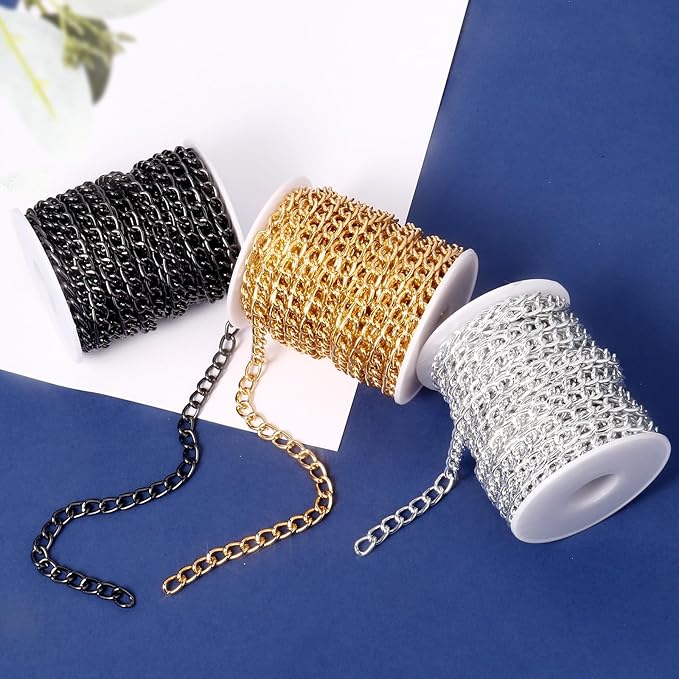 [33ft] Silver Chain for Jewelry Making, 7mm Wide Silver Aluminum Curb Link Chain Roll Bulk for DIY Jewelry Making Craft