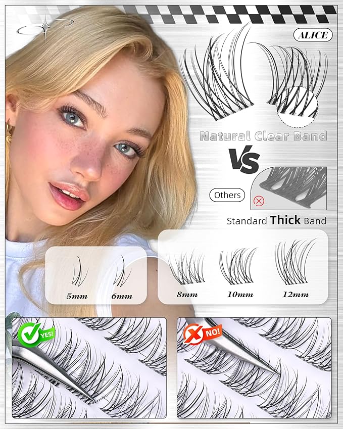 ALICE Natural Short Lash Clusters 8-12mm Eyelash Clusters Wispy Cluster Eyelash Extensions Clear Band Individual Lashes with 5-6mm Bottom Lashes