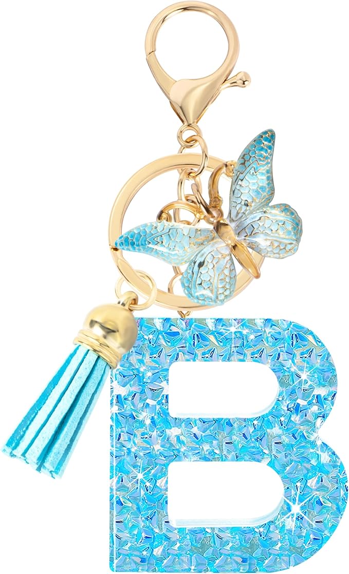Initial letter Keychains for Women Girls Tassel Butterfly Cute Keychain for Wallet Backpack charm