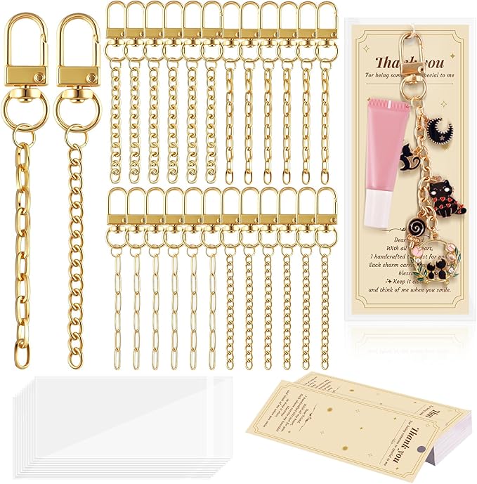Wurosi 24 Set Lip Gloss Keychain Making Kit, Gold Keychain Clips Hooks with Extender Chain, Cellophane Bags, Thank You Cards, 5M Hemp Rope, for DIY Key Chain Making Crafts, Christmas Gifts