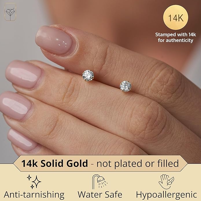 14k Gold Solitaire Round Cubic Zirconia Earrings Studs for Women & Men | Anti Tarnishing CZ Stud Earrings with 14k Gold Butterfly Pushbacks | 4MM-7.5MM by MAX + STONE