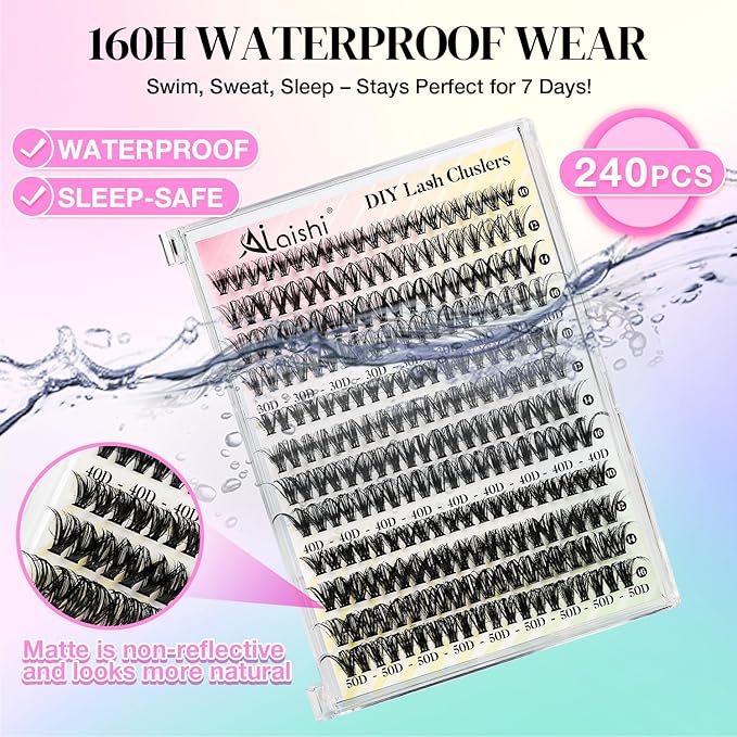 Lash Clusters Kit, DIY Cluster Eyelash Extensions 9‑16mm, 30D+40D+50D, 240pcs Fluffy D Curl Natural Lashes with Lash Bond and Seal,Tweezers–Waterproof Fake Cat Eye Wispy Individual Clusters(MIX3-1-S)