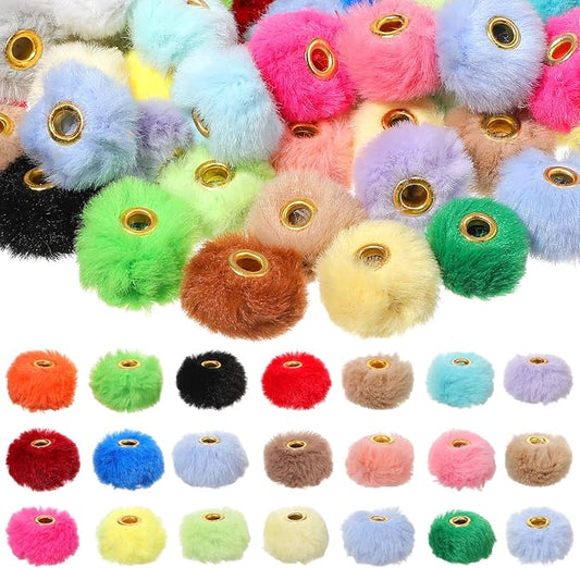 250PCS Fluffy Faux Fur Pom Poms Beads Mixed Color Soft Fuzzy Puff Spacer Beads for DIY Pens Jewelry Bracelet Garland Headband Keychain Handicrafts Craft Accessories Gift Supplies