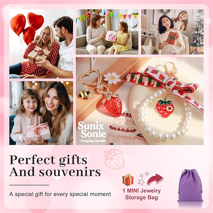 2Pcs Strawberry Keychain Charm Cute Bag Charms Flower Daisy Pearl Bow Keychain Strawberry gift for Women