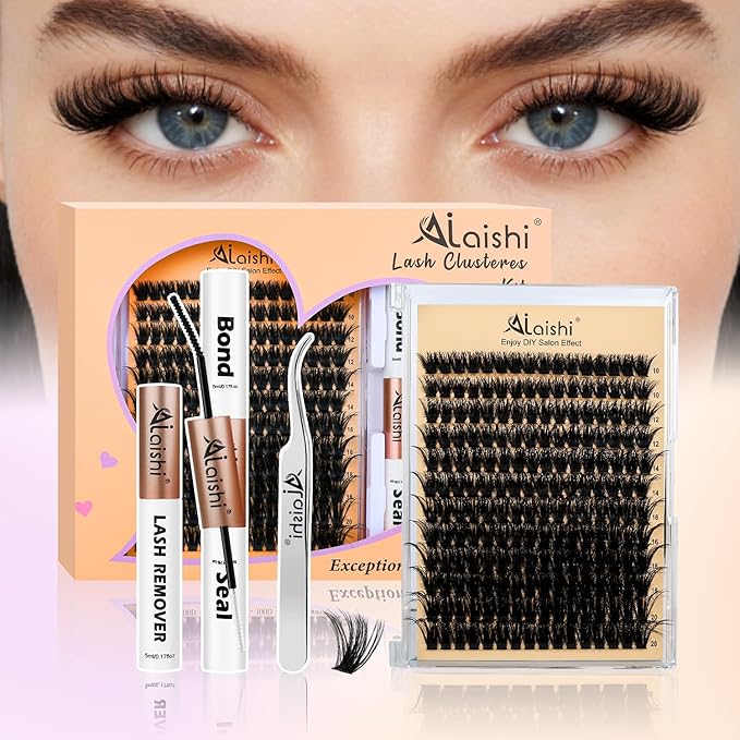 AILAISHI Lash Clusters Kit, DIY Cluster Eyelash Extensions 10‑20mm, 100D, 192pcs Fluffy D Curl Natural Lashes with Bond & Seal,Remover,Tweezers – Fake Cat Eye Individual Clusters