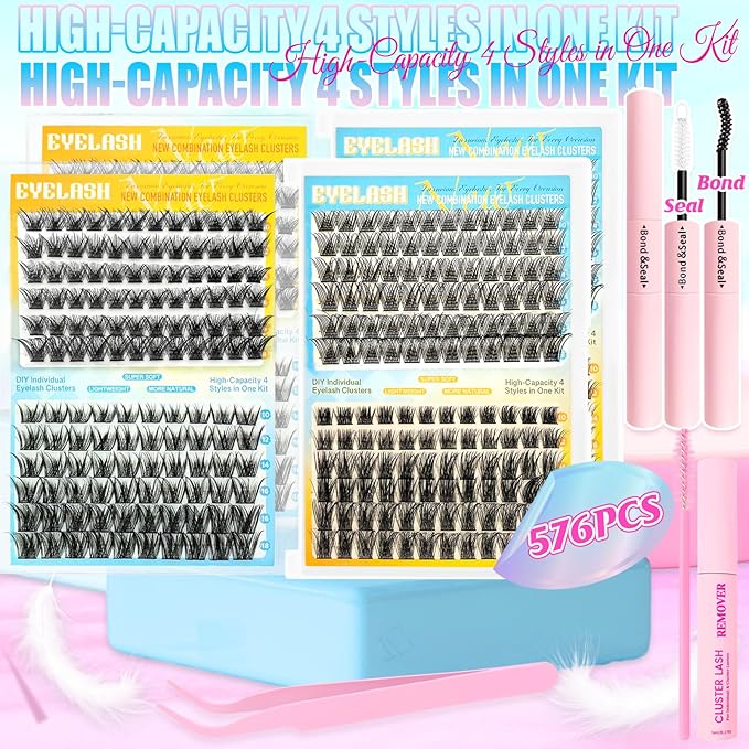 Lash Clusters Kit 576pcs, Natural Wispy DIY Eyelash Lashes Clusters Extensions Kit, 10-18mm D Curl with Lash Glue, Brush Tweezer and Remover