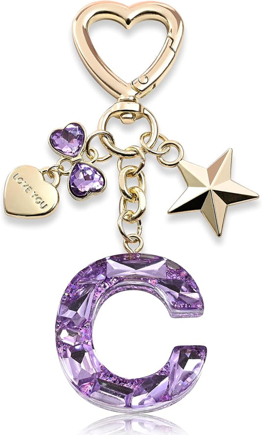 Cute Bling Keychain initial Letter Butterfly Star Pink Purple Gift for Women Girls Bag Cup Charms Accessories