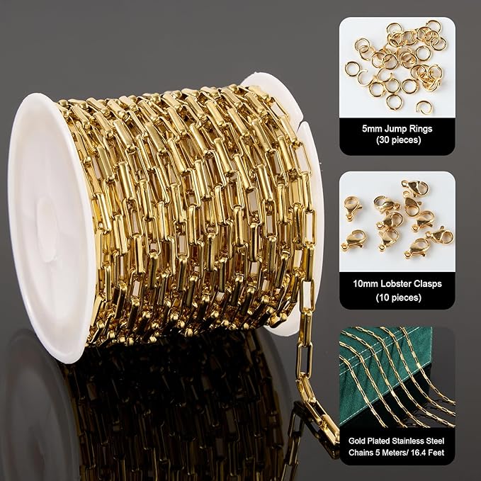 UMAOKANG 16.4 Feet Gold Plated Stainless Steel Chains for Jewelry Making Box Chain Link with Jump Rings and Lobster Clasps