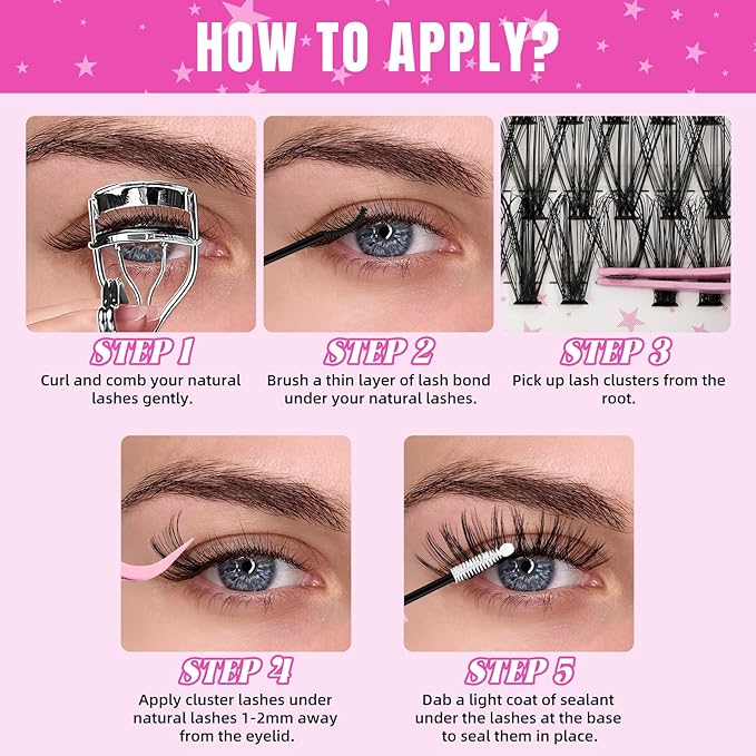 Lash Clusters Kit 320 Pcs DIY Individual Cluster Lashes D Curl Lash Extension Kit with Eyelash Bond and Seal, Remover, Tweezers Applicator Tool for False Eyelash Cluster Kit(80D, Mix9-16mm Kit)