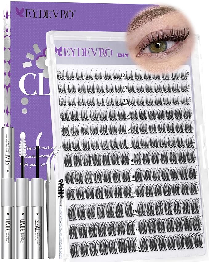 EYDEVRO Natural Lash Clusters Kit Wispy Eyelash Clutsers Kit 10-16mm Cluster Eyelash Extensions D Curl Lash Extension Kit Salon-quality Cluster Lashes at Home Lash Bond and Seal, Tweezers, Brush