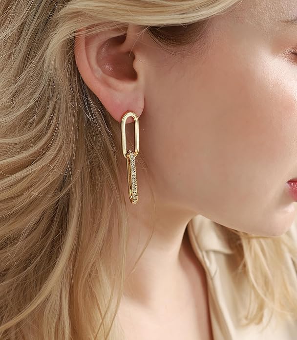 OZEL 14K Gold & Silver Plated Paperclip Chain Earrings with Cubic Zirconia – Dangle, Hoop, Huggie, Stud Styles – Women’s Fashion Jewelry Gift