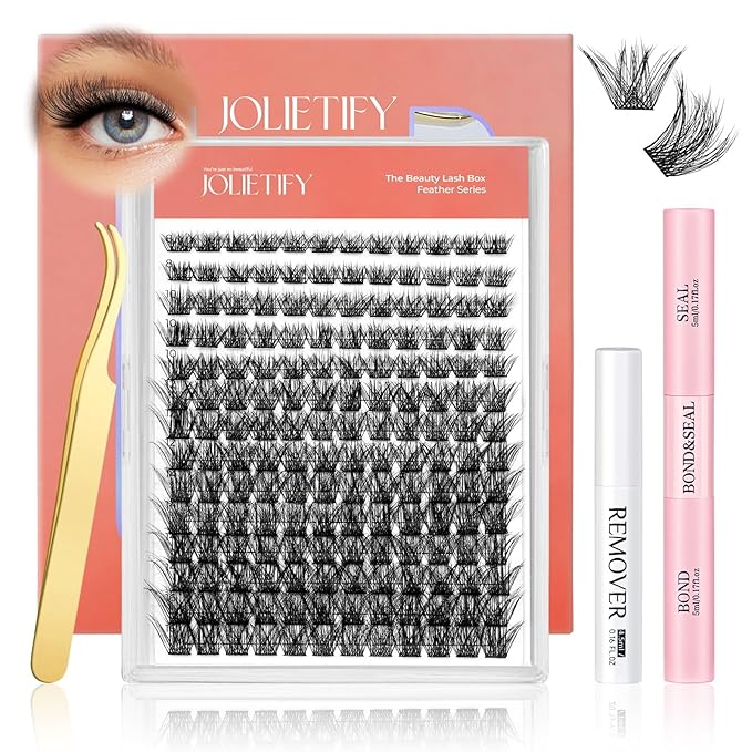 JOLIETIFY Lash Extension Kit, Medium Volume, Fluffy Faux Mink 8–16mm Cluster Lashes, Structured Yet Natural Look, Waterproof Bond & Seal, Individual Lashes with Tweezers & Remover, Beginner Friendly