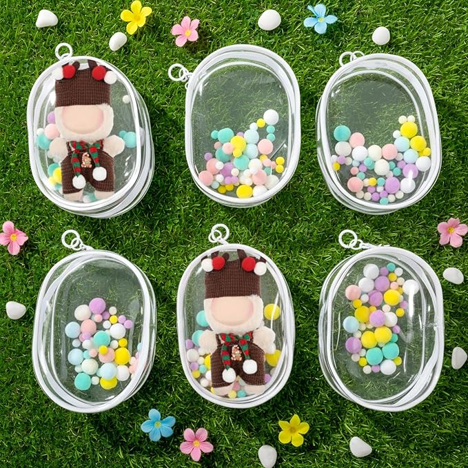 6 Pcs 7 Inch Clear Figure Display Bag with Keychain Large Doll Hanging Blind Box Display Case Clear Keychain Pouch with 2 Pcs Plush Balls for Figures Collectibles, Doll Collector(White)