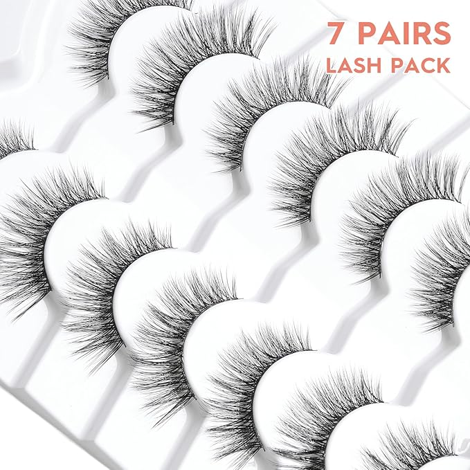 Siligli Cat Eye Lashes - Natural 15mm Wispy False Eyelashes, Thin Band, 3D Volume, Curly, 7 Pair Pack