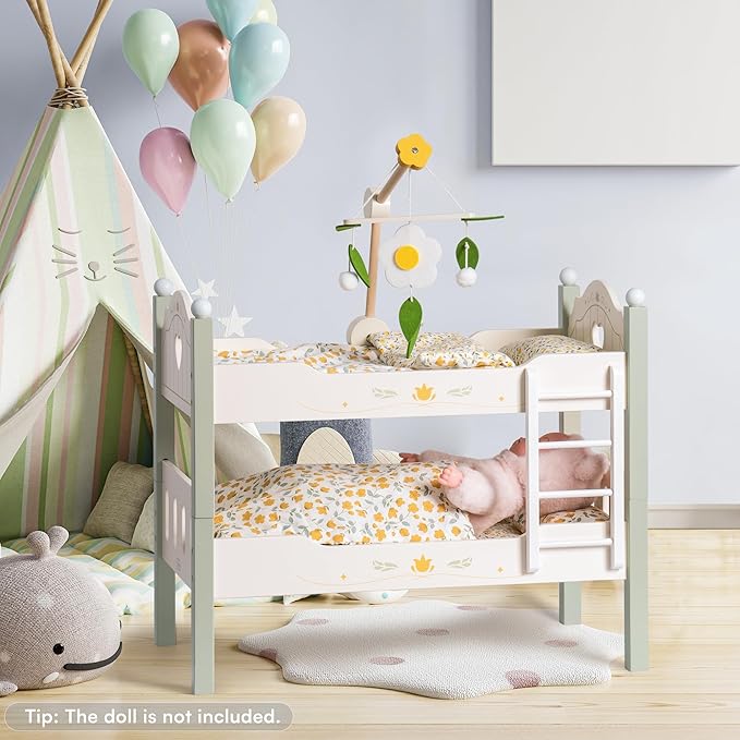 ROBOTIME Baby Doll Bunk Bed, Wooden Doll Crib for 18 Inch Dolls, American Girl Doll Furniture Toy with Bedding (Green, 2 Pcs Beds)
