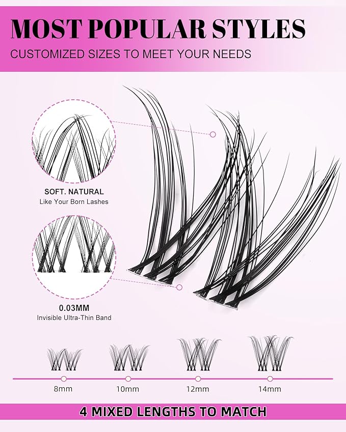 Venus Lash Clusters Kit Short 8-14mm Wispy Natural Cluster Lashes Kit D Curl Fake Lashes Eyelash Clusters Kit DIY Individual Eyelash Extension Kit with 0.03mm Ultra-Thin Invisible Wide Lash Band