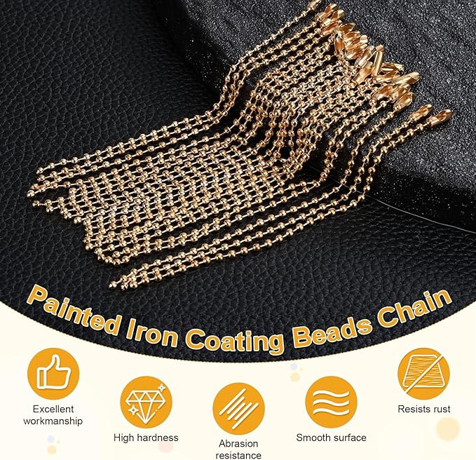 M METERXITY 100-Pack Ball Beads Chain, 4.7 in Metal Beaded Necklace Adjustable Keychain with Connectors for Jewelry Making/DIY Crafts/Hanging Decoration, Dog Tag Chain [Light Gold]
