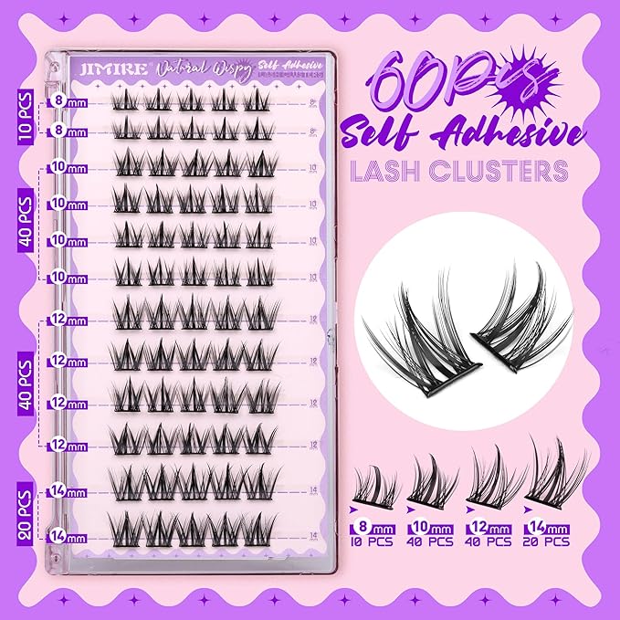 Self Adhesive Eyelashes Wispy Lash Clusters D-Curly Pre Glued Eyelashes Clusters 8-14MM Natural Press on Cluster Lashes Easy to Apply Self Adhesive Lash Clusters No Glue Needed by JIMIRE