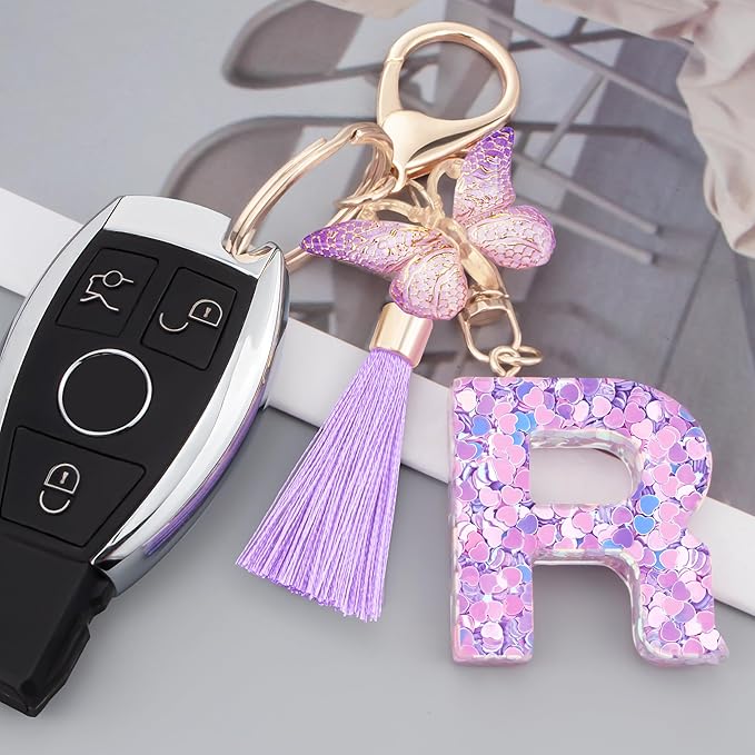 Initial letter Keychains for Women Girls Tassel Butterfly Cute Keychain for Wallet Backpack charm
