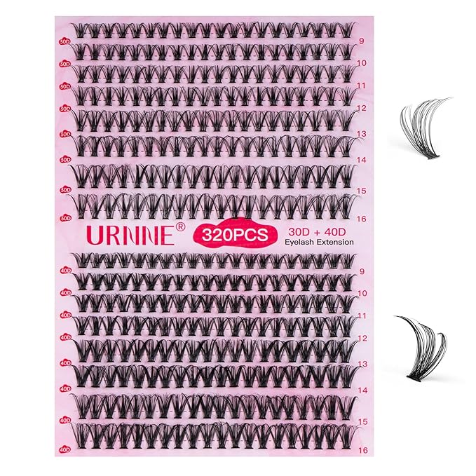URNNE DIY Lash Extension Kit, 9-16mm Mix 30D 40D Eyelash Extensions Kit, 320pcs Individual Eyelash Clusters, Lash Clusters Kit with Bond and Seal, Remover, Tweezers