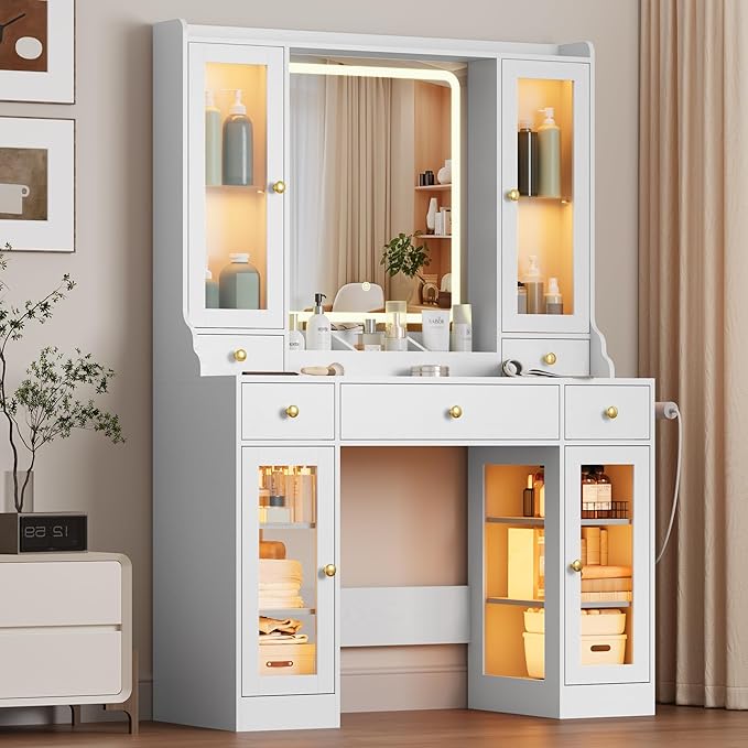Vanity Desk with Mirror and Lights, Pink Makeup Vanity Table with 3 Modes & Adjustable Brightness, Glass Cabinets, Drawers, Outlet, Modern Dressing Table for Bedroom, Girls, Women, Teens