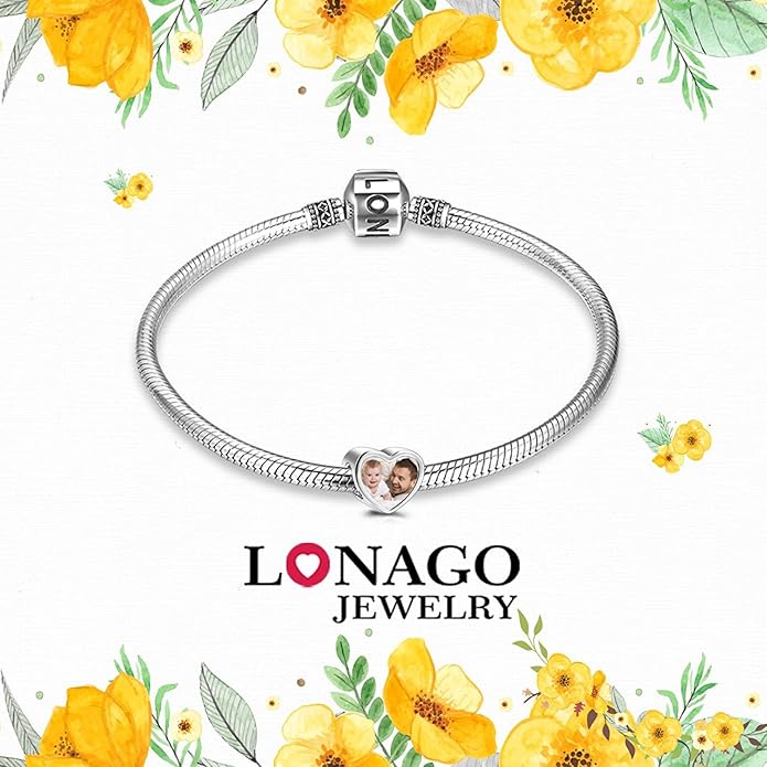 LONAGO 925 Sterling Silver Personalized Photo Charm Fit Compatible for Bracelet Necklace Customized Heart Round Shape Picture Bead