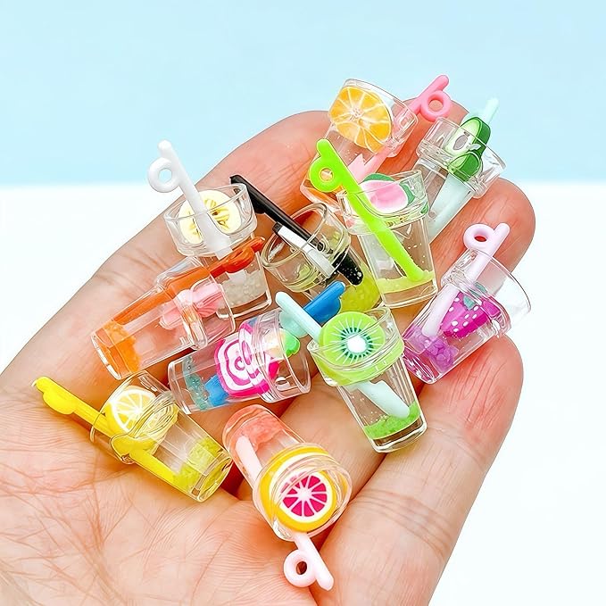 11 Pcs Miniature Dollhouse Drinks Set – Resin Glass Cup and Fruit Beverage Bottles, Simulated Drink Models for Summer Leisure-Themed Decor Decor, 1.07 x 0.5 Inch Mini Props for DIY Craft Display