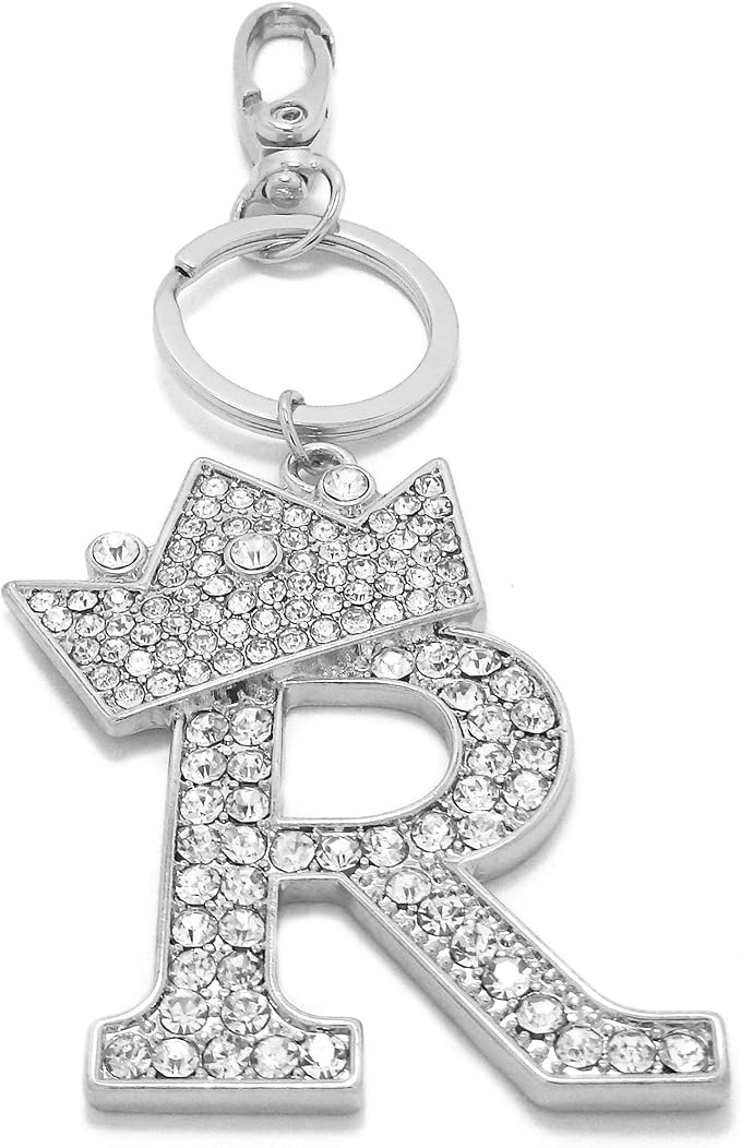 CBC Crown Crystal Rhinestone Letter Initial Keychain, Gold Metal, Bag Charm with Key Ring Approx. 2.17" x 2.56"