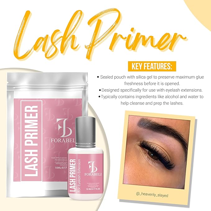 Forabeli Lash Primer for Eyelash Extensions 15ml, Boost Adhesion, Improve Bond Retention, Ideal for Individual and Natural Eyelashes, Supplies for Semi-Permanent Lashes, Removes Oils and Proteins