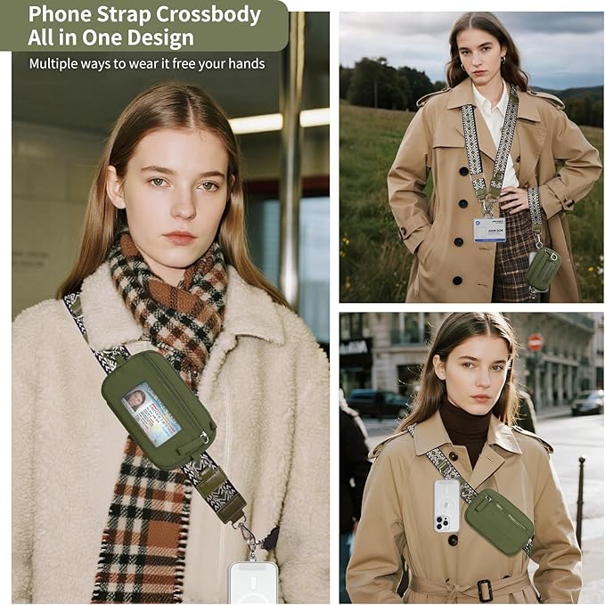 Clip and Go Strap for Phone with Wallet Crossbody Phone Lanyard with Anti-Theft Zipper Pouch Detachable Quilted Wrist Wallet with RFID and ID Window for Daily Travel. Green