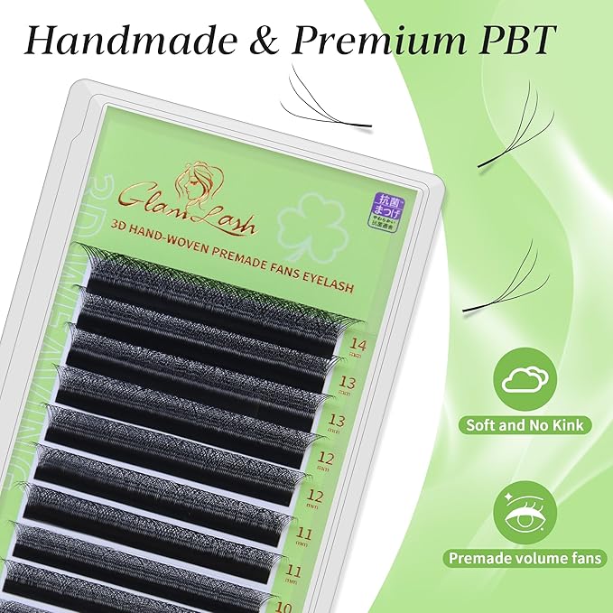 GLAMLASH W Eyelash Extensions 3D Volume Premade Fan Natural Soft Matte Lash Professional Salon Supplies (3D,0.07,L,8-15mm)