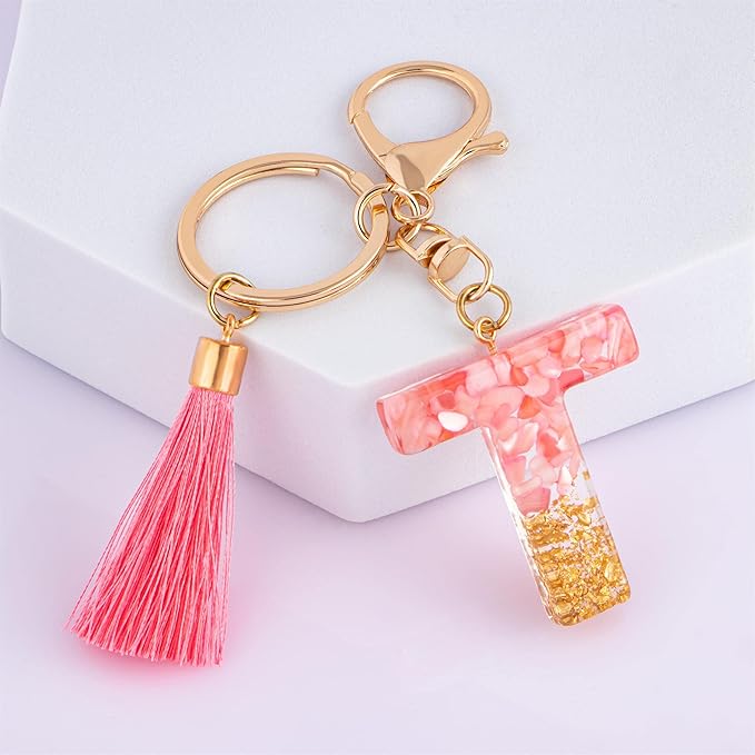 Suweibuke Cute Pink Key Chains for Women Girls, Initial Letter Keychains with Tassel, Charms for Key Purse Handbags Backpacks