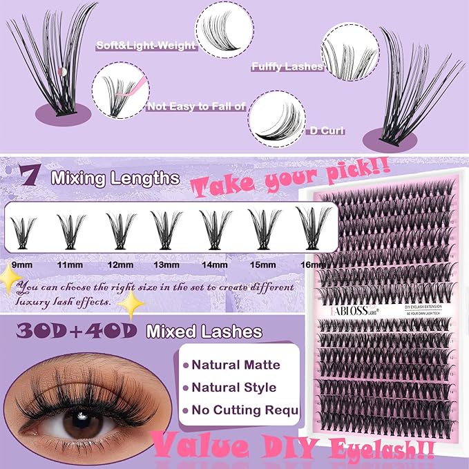 Fablosslashes Lash Clusters 280Pcs Lash Clusters DIY Eyelash Extension Kit 30D+40D Individual Lashes Clusters Kit With Lash Bond And Seal, Lash Remover, Lash Tweezers(30D+40D, 9-16mm, Kit)
