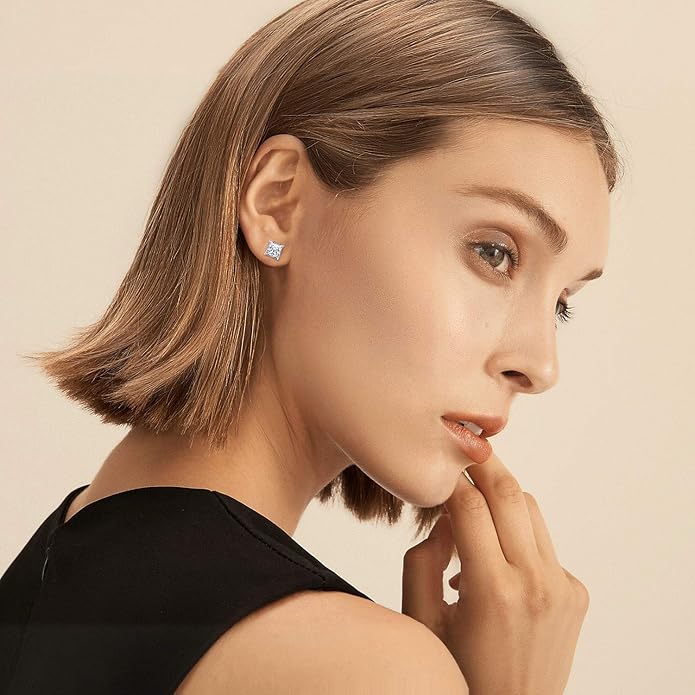 MDFUN 5 Pairs Square Earrings Set for Women Hypoallergenic 18K White Gold/Yellow Gold/Rose Gold Plated Princess Cut Clear Cubic Zirconia Stud Earring 3-7MM Pack of 5