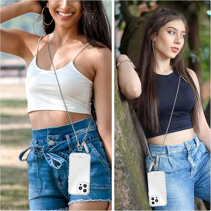 Metal Phone Chain, Crossbody Detachable Phone Lanyard with 1*Wrist Strap & 2* Tether Tabs for iPhone and Smartphones (Silver,Long)