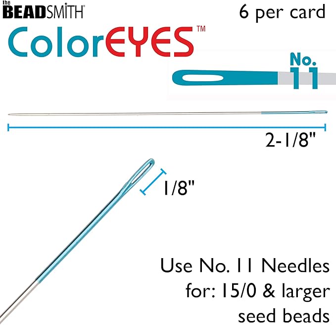 The Beadsmith ColorEYES Beading Needles, Size 11, 1 Card (6 Needles), Blue Colored Tip for Easy Identification of Size, Use for Loom Weaving Bead Work, Off-Loom Stitch & Jewelry Making w/Seed Beads