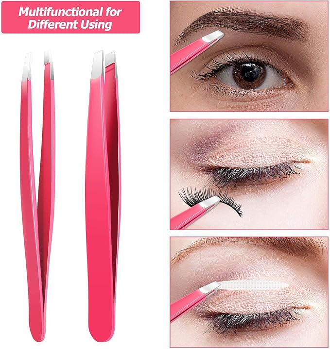 Mudder 12 Pcs Eyebrow Tweezers Set for Facial Hair Stainless Steel Slanted Tip Tweezers in Bulk for Men and Women (Rose Red)