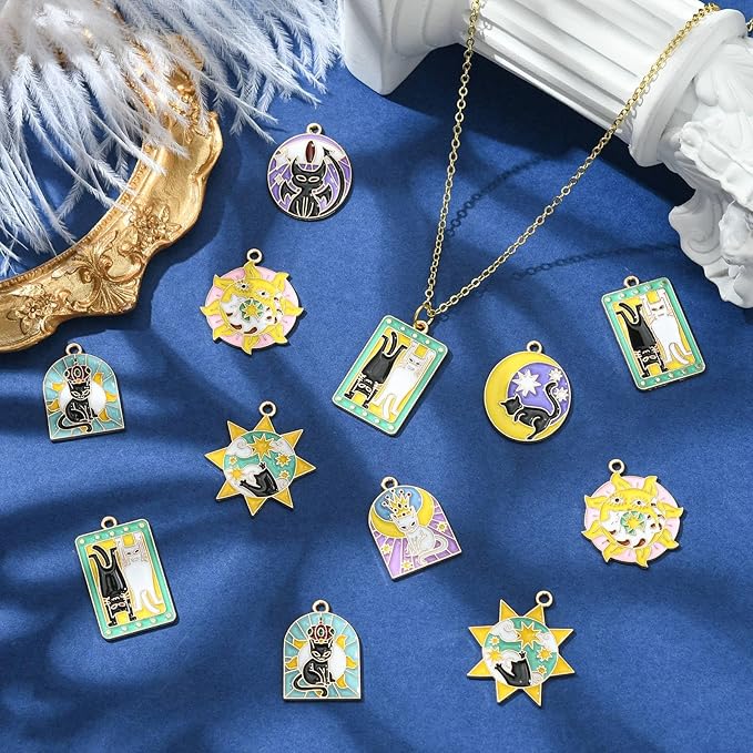 Stiesy 40 Pcs 8 Styles Alloy Enamel Black White Cat Tarot Card Charm Pendant Sun Shape Divination Amulet Metal Charms Pendants Bulk for Bracelet Jewelry Making Crafting DIY Decor