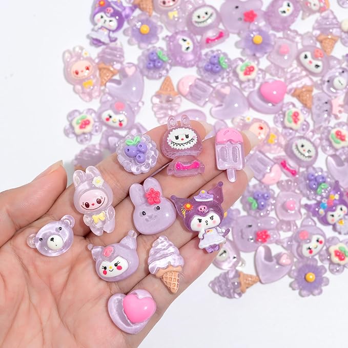 Charms 100PCS Mixed Kawaii Flatback Resin Charms for Crafts, Cabochon for DIY Projects, Slime Charm, Resin Art, Scrapbooking, Phone Case & Accessories (Purple)