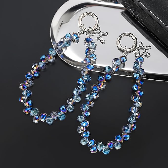 2pcs Crystal Phone Wrist Strap Phone Charm Chain Keychain Beaded Cellphone Lanyard with Tether Tab Hands-Free Wristlet Bracelet Wrist Grip Strap for Women, D-Light Blue