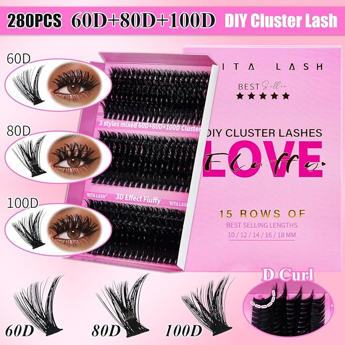 Lash Clusters Kit Eyelash Clusters Kit 3D Effect Cluster Eyelash Extensions Large Pack Cat Eye Lashes Clusters Lash Extension Kit Pestañas Postizas Naturales+Lash Bond&Seal,Remover,Tools(Lash Kit-9)