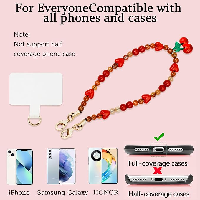 Marble Beaded Phone Wrist Strap,Detachable Phone Bracelet Strap with Tether Tab,Hands-Free Wristlet Strap (Sweet Cherries)