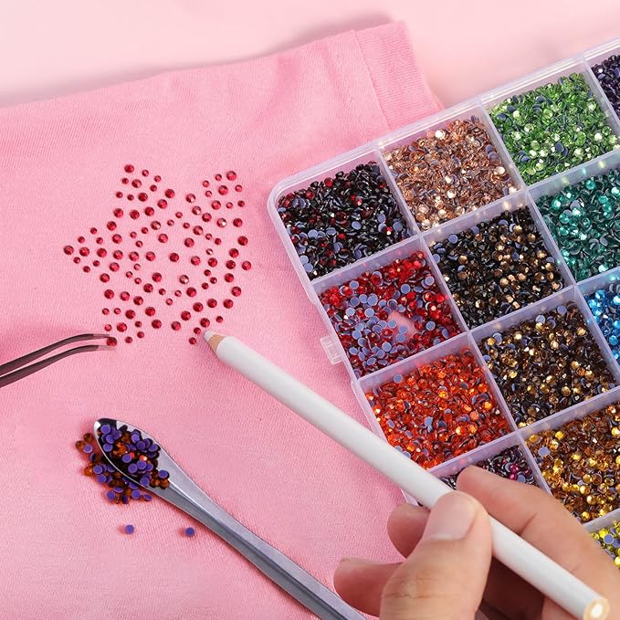 BEADSLAND Hotfix Rhinestones Mixed 24 Colors, SS10 Rhinestones for Crafts Clothes, Hotfix Crystals with 1 Tweezers, 1 Wax Pencil and 1 Spoon