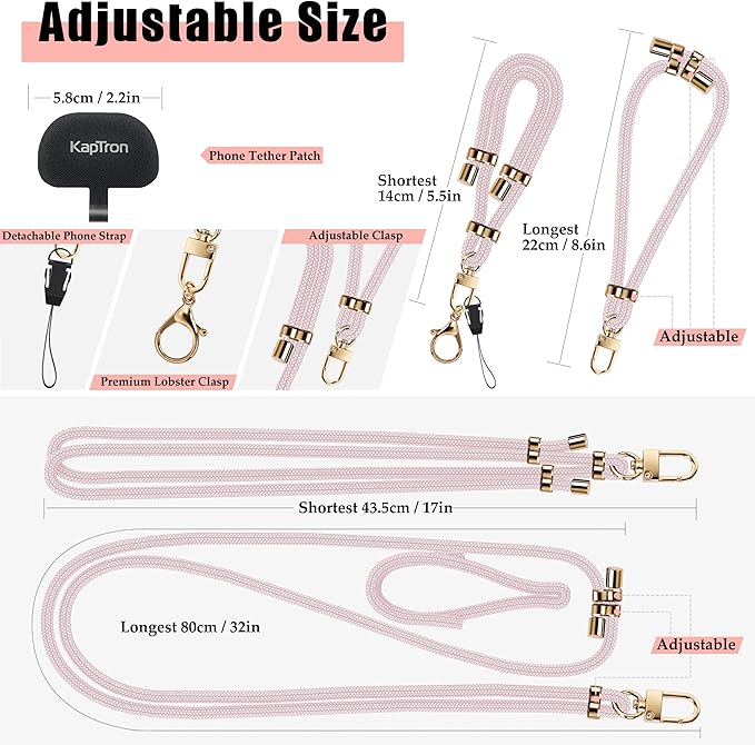 Kaptron 2Pcs Cell Phone Lanyard: Universal Adjustable Crossbody Phone Strap and Wrist Strap, with 2 Lobster Clips and 2 Tether Patches, Compatible with Most iPhone and Android Smartphones (Pink)
