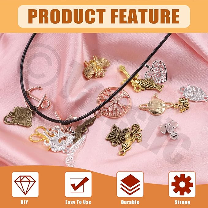 Tanstic 430Pcs Black Ribbon Ends Fastener Clasps Kit, Bookmark Pinch Crimp Ends with Open Jump Rings, Lobster Claw Clasps, Chain Extenders and Pendant Charms for DIY Crafts
